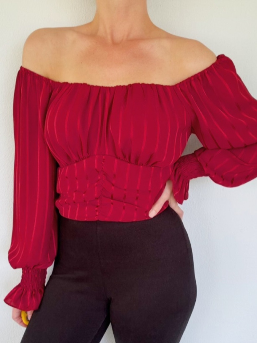 Red satin stripe corset off-shoulder puff sleeve blouse size medium